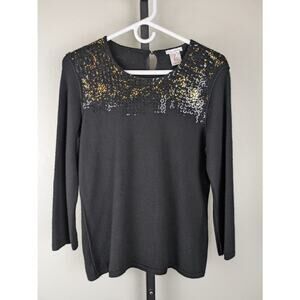 Oscar de la Renta Black Cashmere Silk Blend Sweater with Sequins